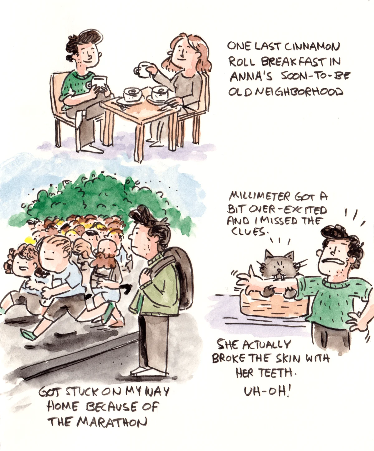 Marcel has breakfast with Anna, gets delayed by a marathon, and is bitten by Millimeter while petting her.