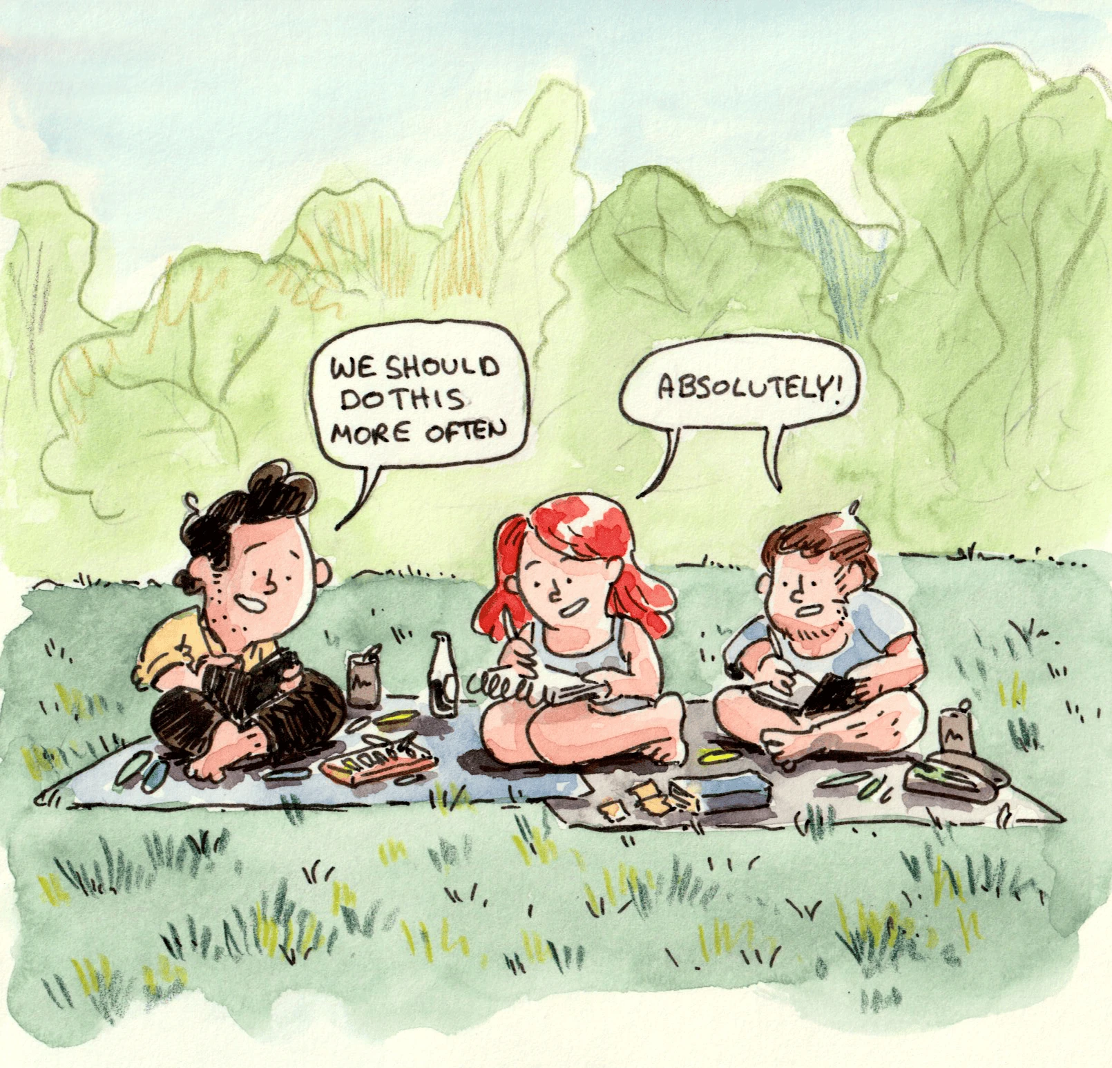 We met at the park to paint trees. Nils painted Mareen and me instead. Weird choice, but I guess our new outdoor painting club doesn’t benefit from rules that are too strict.