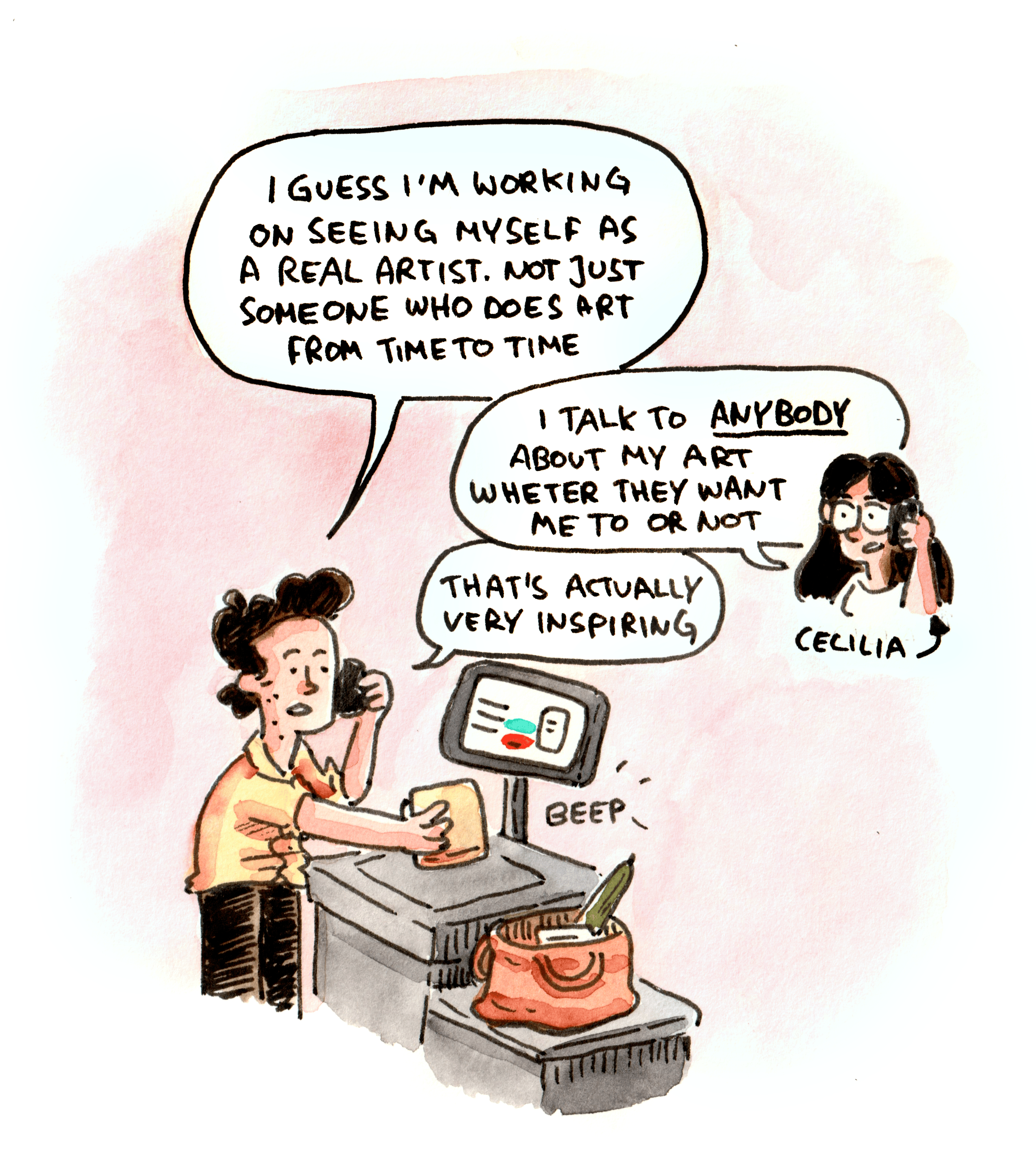 Even talking about my woes of if and how to see myself as an artist makes me feel a bit like a fraud. Imposter syndrome needs to be suppressed. When I allow myself to feel and behave like an artist, though, I get these little glimpses of something that somehow feels true. It’s great to be able to talk to Cecilia about these things. She has produced more art in the last couple of years than I have in my whole life of perhaps, sometimes, maybe considering myself an artist.