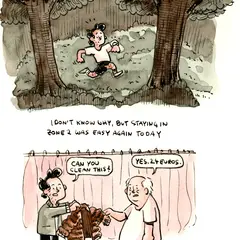 This was only the second time in my life that I brought something to the cleaners, and it always makes me feel like a character in Friends or Seinfeld. Those shows really made me think dry cleaning would be a much bigger part of adult life. Turns out: they lied to us.

I switched to a fountain pen for the previous comic and this one, and I think you can tell. There’s something different about the line quality and, in my opinion, something better. Everything feels so crisp now!