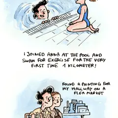 I’ve never really swum before. I know how to swim, breaststroke only, but I’ve always used that skill exclusively to not drown, never to actually work out.

Last year, I went to an outdoor pool with Anna and swam a couple of laps for the first time ever. But this was my first proper “Let’s go to the Olympic-sized pool and do this as a sport!” kind of swim.

Anna does this all the time, but I chose running as my go-to workout, so this was completely new to me. And exciting! And, somewhat surprisingly, a lot of fun!

Later, we went to a flea market and I found this painting for just €20. It hangs in my hallway now.

What a day!