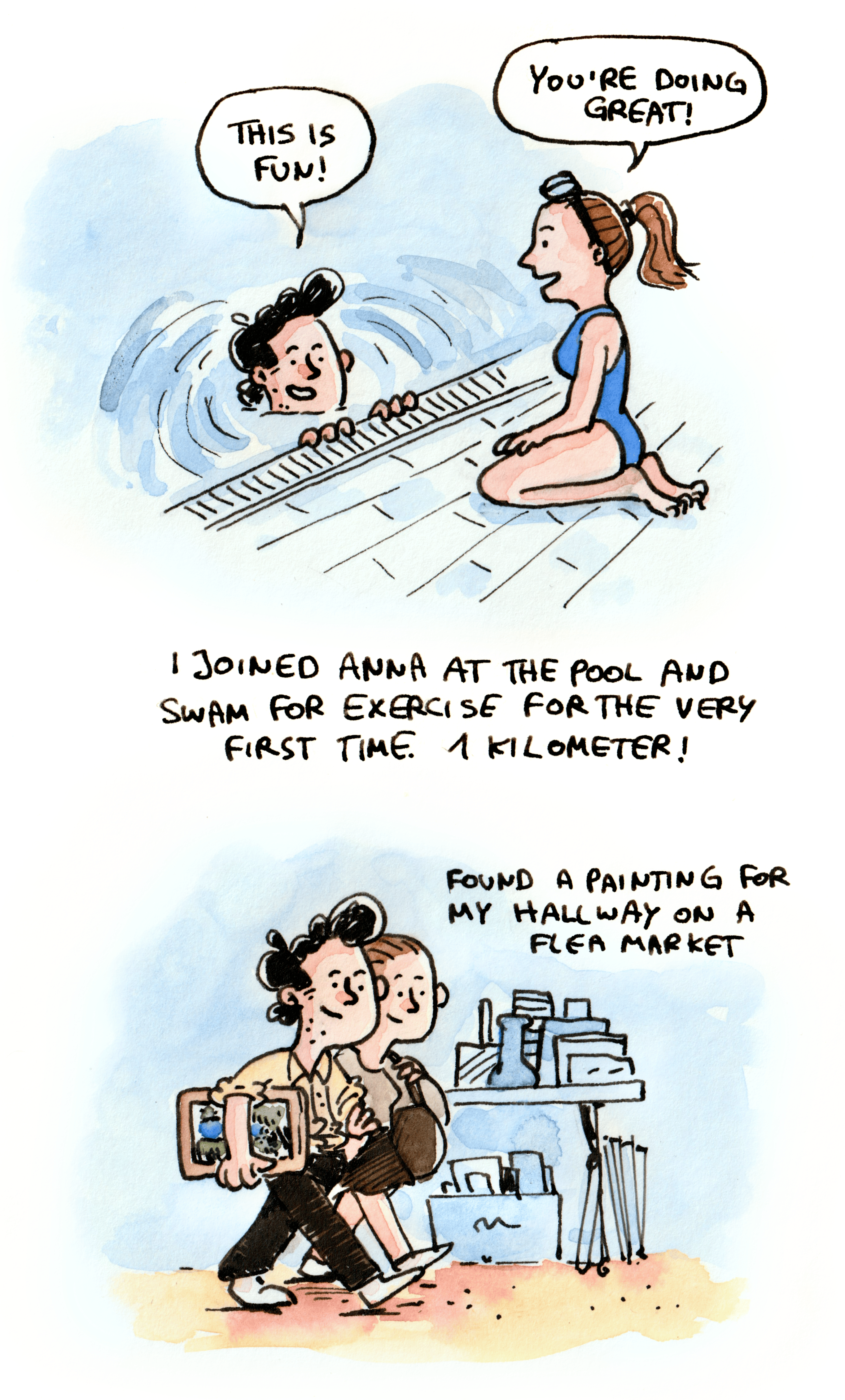 I’ve never really swum before. I know how to swim, breaststroke only, but I’ve always used that skill exclusively to not drown, never to actually work out.

Last year, I went to an outdoor pool with Anna and swam a couple of laps for the first time ever. But this was my first proper “Let’s go to the Olympic-sized pool and do this as a sport!” kind of swim.

Anna does this all the time, but I chose running as my go-to workout, so this was completely new to me. And exciting! And, somewhat surprisingly, a lot of fun!

Later, we went to a flea market and I found this painting for just €20. It hangs in my hallway now.

What a day!