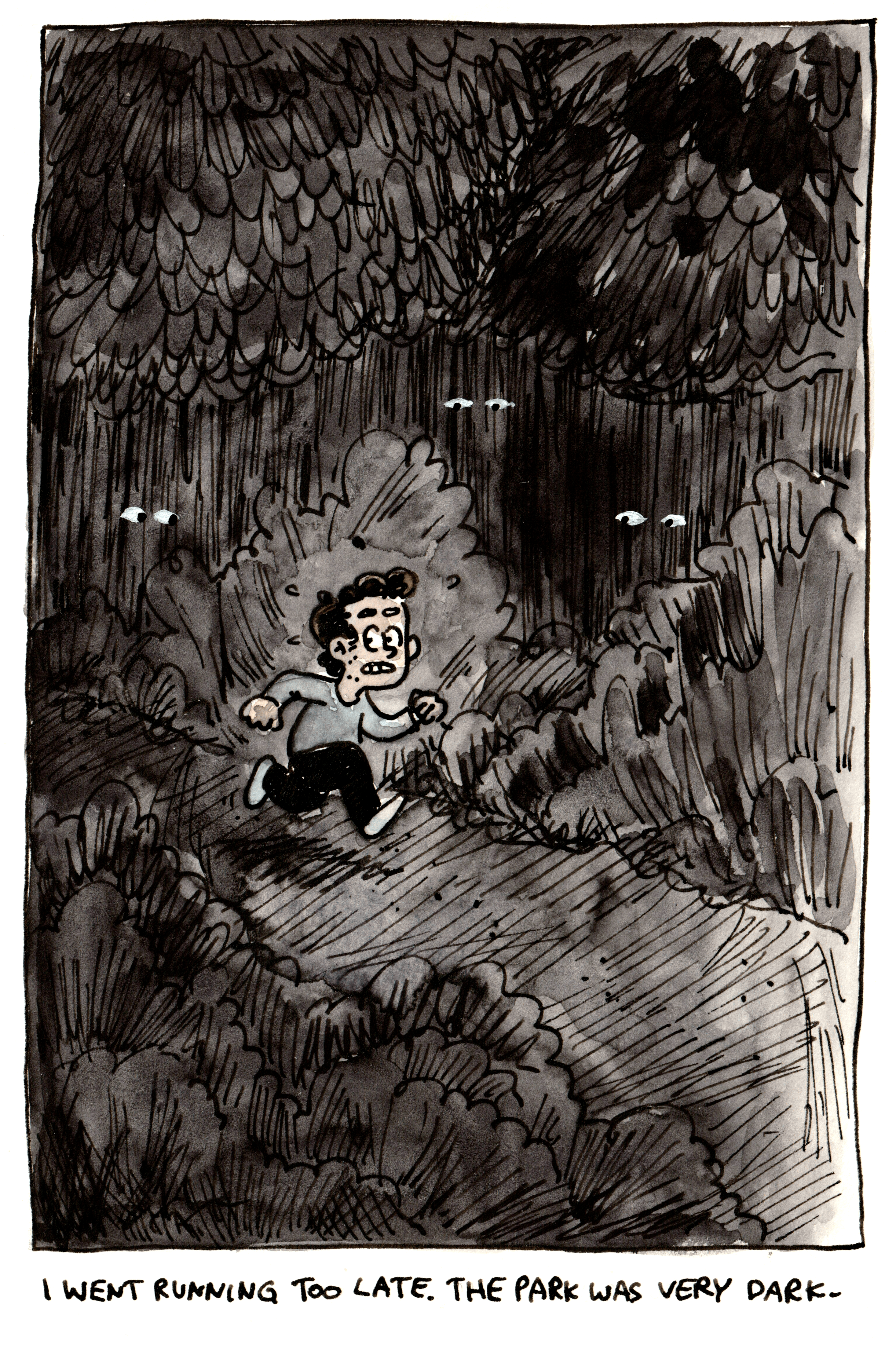 Marcel runs along a dark path through a wooded park as pairs of eyes peer from the bushes.