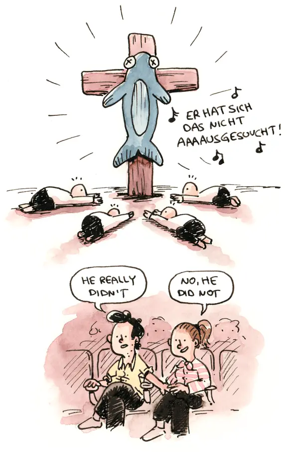 Marcel and Anna watch a theater performance about the whale and discuss its song.